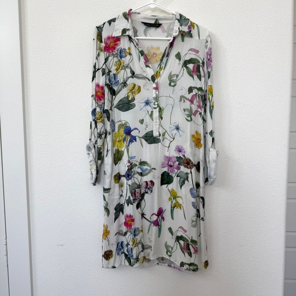 Zara White Floral Midi Dress with Multi-Color Botanical Print